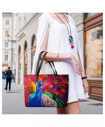 Womens Handbag Peacock And Feathers Red Leather Tote Bag Top Handle Satchel Bags For Lady $15.75 Totes