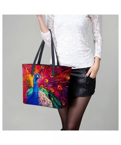 Womens Handbag Peacock And Feathers Red Leather Tote Bag Top Handle Satchel Bags For Lady $15.75 Totes