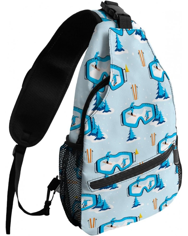 Sling Backpack, Hand Drawn Cartoon Ski on Blue Ski Glasses with Tree Waterproof Lightweight Small Sling Bag, Travel Chest Bag...