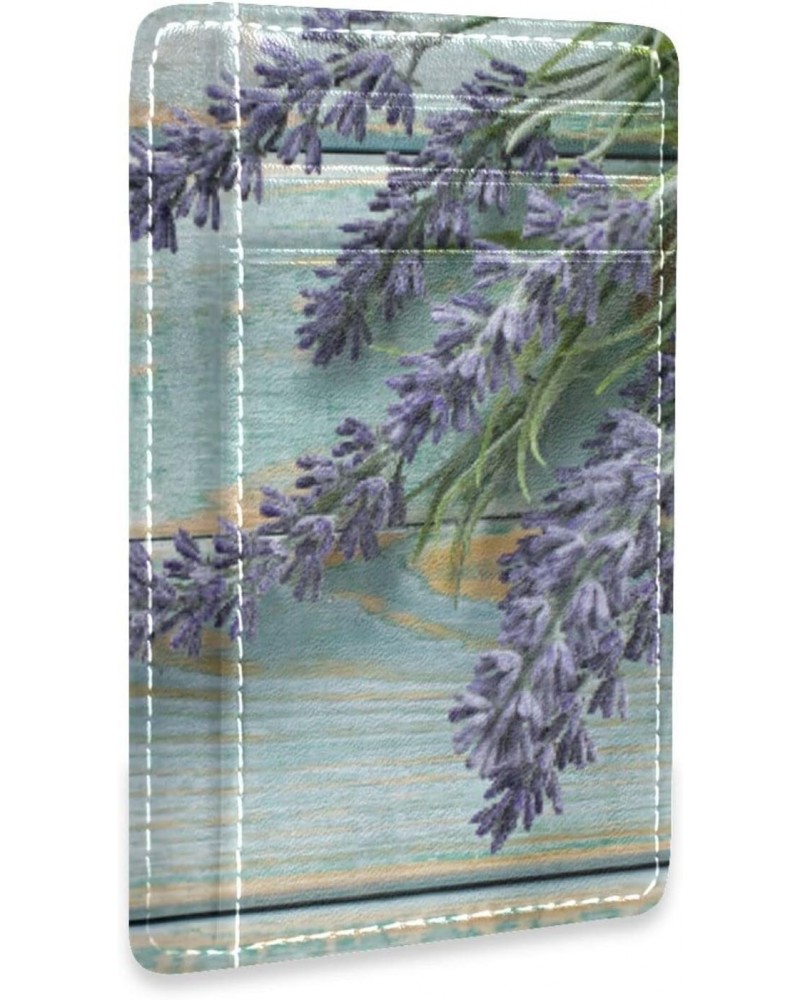 Lavender Flowers on Wood Slim Minimalist Wallet Rfid Blocking Card Wallets PU Leather Front Pocket Wallets $10.61 Wallets